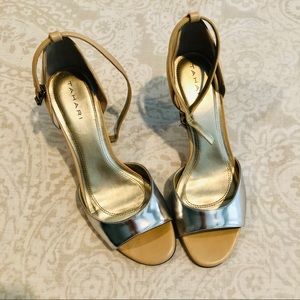 Tahari Scalloped Silver and Nude Ankle Strap Heels